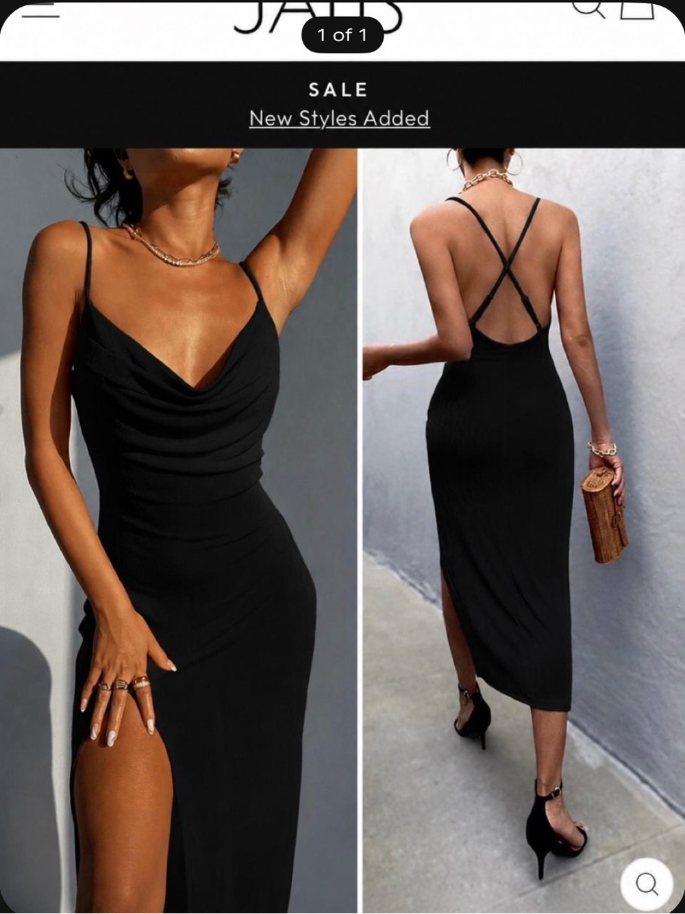 Sleek Black Cowl Neck Midi Dress with Strappy Cross-Back